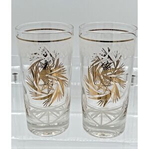Vintage MCM Atomic Starburst Gold Highball Glasses Barware Set of 2